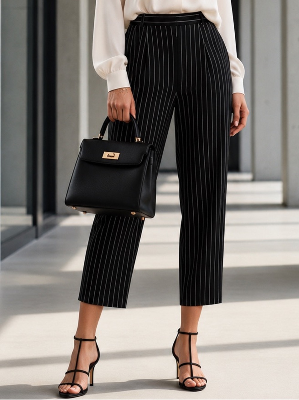 BABATON Black White Modesto Pinstripe Tapered Crop Trouser Pants Tailored Preppy